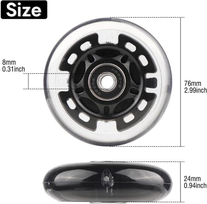 WHEELGOO 8pcs Inline Skate Wheels Led Light-Up Wheels 64/70/72/76/80mm w/Bushings 85-88A for Kids and Youth Beginners Children's Inline Skates Indoor/Outdoor Use (Black, 76mm) - Image 2